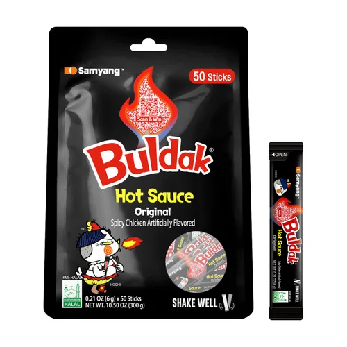 Samyang Buldak - Salsa coreana picante de pollo picante sabor original, auténtica salsa coreana para aperitivos de ramen y inmersión, 0.17 onzas