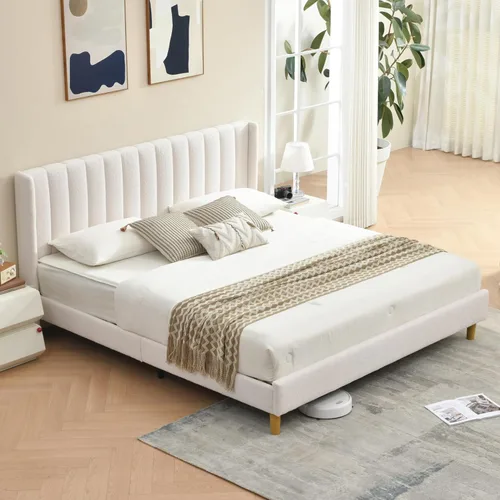 Miniatura 34 de Base de cama Queen con cabecero, base de cama de plataforma con respaldo de terciopelo vertical copetudo, soporte de listones de madera, no necesita