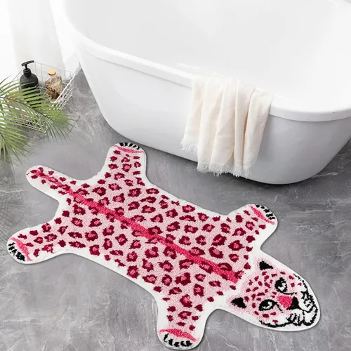 Miniatura 3 de Alfombra con estampado de leopardo, tapete de baño de leopardo rosa para baño, tapete de puerta de guepardo y tigre, antideslizante, tapete Rosa