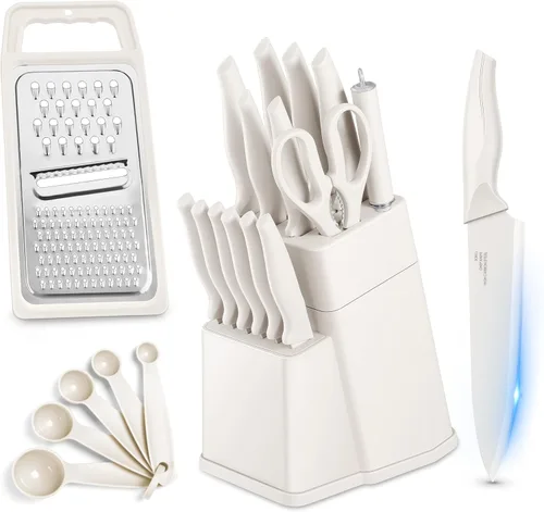 HaWare Juego de cuchillos de cocina de acero inoxidable de 21 piezas, juego de cuchillos de chef blancos con cuchara medidora y rebanadora para el