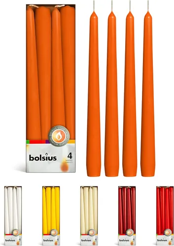 BOLSIUS Velas cónicas color naranja, juego de 4 velas sin perfume de 10 pulgadas, 8 horas de tiempo de combustión, calidad europea premium, sin humo
