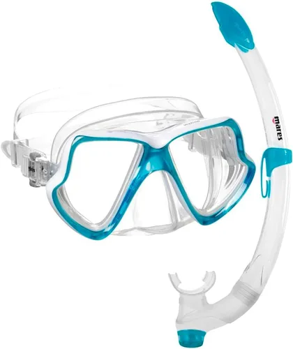 Mares Adult Combo Wahoo Snorkeling Gear Set, Double-Lens Wide Vision Mask, Ergonomic Fiji Snorkel w/Flexible Tube & Silicone Mouthpiece, 411745