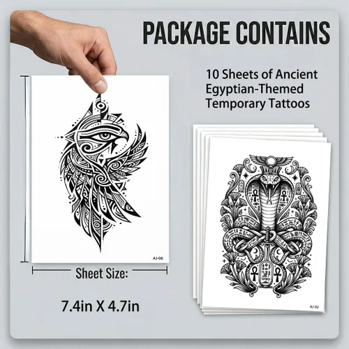 Miniatura 6 de Tatuajes temporales para mujeres y hombres, 10 hojas egipcias impermeables realistas de tatuajes falsos, diseño de faraón Ankh ojo de Horus