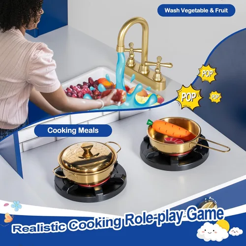 Miniatura 4 de BRINJOY Cocina de Juego de Esquina para Niños, Juego de Cocina de Madera para Niños Pequeños con Grifo, Fregadero, Microondas, Horno, Delantal, Azul
