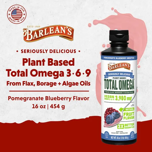 Miniatura 2 de Barlean's Suplemento líquido vegano de aceite de linaza, borraja y algas, Omega 3 6 9, granada y arándano, 3,980 mg de GLA, EPA y DHA de ácido