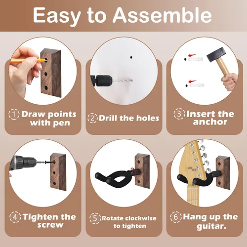 Miniatura 6 de DOMMI Soporte de pared para guitarra 4 unidades, Soporte de guitarra con gancho giratorio suave para guitarras de todos los tamaños, Soporte