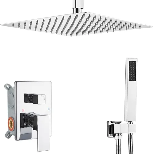 Miniatura 15 de Sistema de ducha de níquel cepillado para baño de 12 pulgadas, cabezal de ducha de lluvia, montaje en techo con juego combinado de ducha de mano