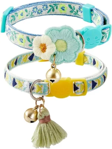 Paquete de 2 collares de gato con bonito patrón colorido para gato, niño y niña, longitud ajustable con borla de campana, patrón tribal bohemio