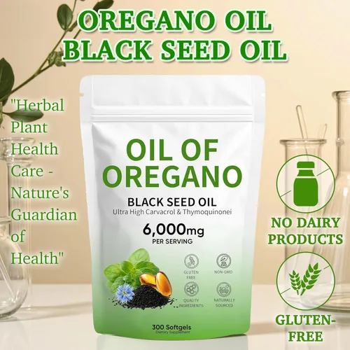 Miniatura 6 de Aceite de cápsulas blandas de orégano, con aceite de semilla negra y timoquinona, 300 unidades, 6000 mg, sin OMG, 2 en 1 formulado con Carvacro de 4