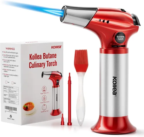 Kollea - Soplete para Creme Brulee, soplete recargable de butano, soplete de cocina con bloqueo de seguridad y llama ajustable para hornear, Rojo