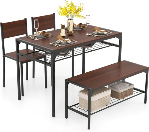 Miniatura 8 de GOFLAME Juego de mesa de comedor de 4 piezas para 4, mesa de cocina industrial con 2 sillas y banco, juego de mesa de desayuno que ahorra espacio