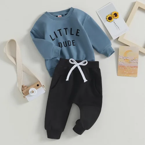 Miniatura 16 de Conjunto de 2 piezas de sudadera con estampado de letras y cuello redondo para bebé niño