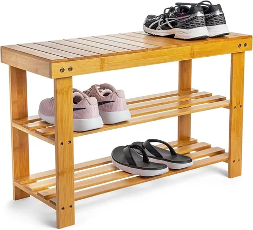Zapatero de bambú de 35.4 pulgadas de largo para entrada, organizador de zapatos de madera de 3 niveles o banco de baño, soporta hasta 300 libras,