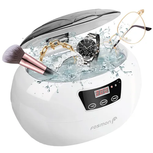 Fosmon Pulidor ultrasónico de 20.3 fl oz, 42 kHz, con temporizador digital para dentaduras, limpiador retenedor, protector bucal, joyería dental
