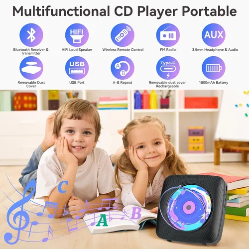 Miniatura 2 de Reproductor de CD portátil con Bluetooth recargable: reproductores de CD para el hogar con 1800mAh Kegaudio de escritorio, reproductor de CD de Negro