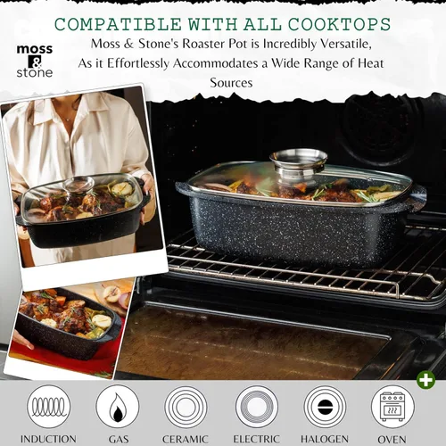 Miniatura 4 de Moss & Stone Olla Asadora Ovalada de 6 Cuartos con Tapa, 12"x8.3" Asador de Pollo de Aluminio Fundido a Presión, Compatible con Inducción, Gas