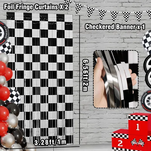 Miniatura 2 de Decoraciones de cumpleaños de coches, 2 cortinas de flecos de aluminio de carreras y 1 paquete de pancarta de bandera a cuadros para accesorios