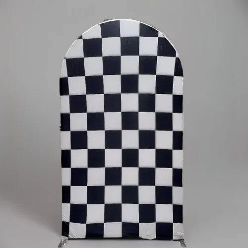 Miniatura 2 de Fundas de fondo de arco con textura de cuadros blancos y negros, bandera a cuadros de 2.5 x 6 pies, fondo de pared elástico para fotografía