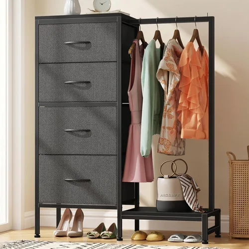 Miniatura 11 de HIGDBFE Cómoda alta de 44 pulgadas de alto con estante para colgar, cómoda pequeña de 4 cajones para dormitorio, cómoda de tela reversible con Blanco