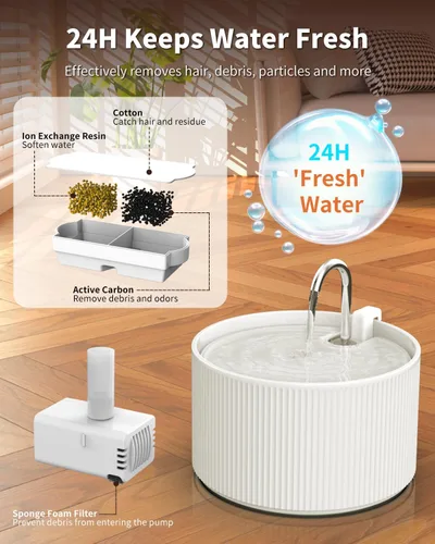 Miniatura 4 de Bomba de fuente de cerámica para gatos para fuente de agua de cerámica para mascotas de 2.2L, bomba ultra silenciosa con puerto USB