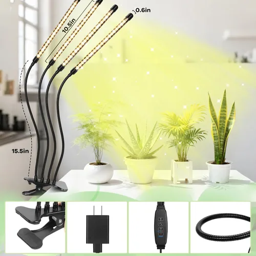Miniatura 2 de Luces LED de cultivo, luz de planta de espectro completo con 4 cabezas y abrazadera para plantas de interior y arranque de semillas, 10 niveles
