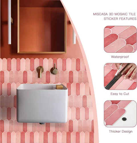 Miniatura 4 de Azulejos Rosas para Salpicaduras de Cocina de Despegar y Pegar, Azulejos Autoadhesivos 3D Rosa Brillantes con Diseño de Plumas de Pavo Real