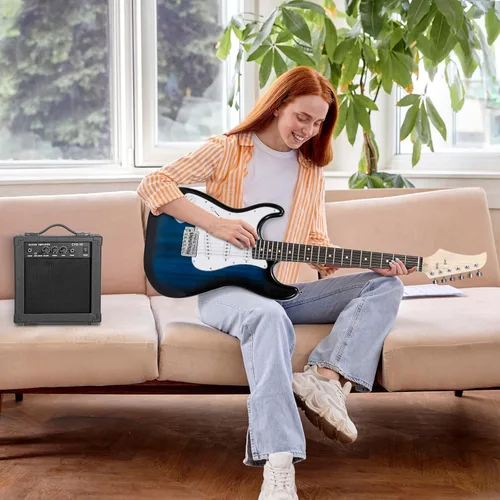 Miniatura 3 de Guitarra eléctrica de tamaño completo de 39 pulgadas, kit de iniciación para principiantes con amplificador de 10W, púas, cuerdas, barra de trémolo