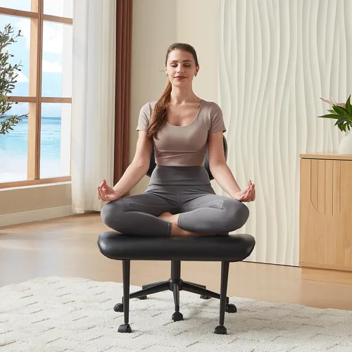 Bestier Silla de oficina con patas cruzadas con soporte de respaldo de madera curvada más ancho, silla de oficina ergonómica de meditación para