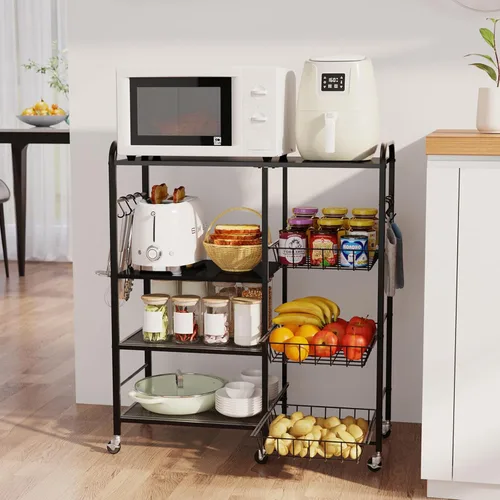 HapiRm - Carrito rodante de cocina con microondas de 4 niveles - Soporte de mesa para microondas con cestas extraíbles, estante de almacenamiento
