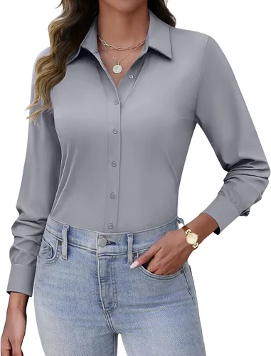 Miniatura 7 de HOTOUCH Camisas con botones para mujer, de manga larga, elásticas, sin arrugas, blusas de trabajo, ajustadas, para la oficina