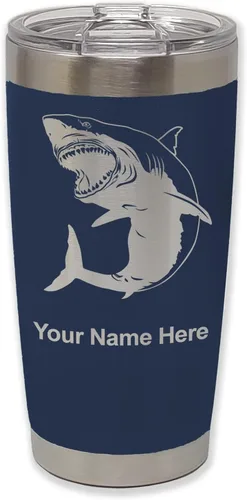 Miniatura 19 de LaserGram Vaso aislado al vacío de 20 onzas, gran tiburón blanco, grabado personalizado incluido (negro)