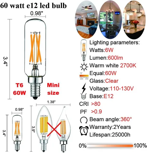 Miniatura 5 de LiteHistory - Bombilla LED regulable de 6 W, blanca cálida 2700 K, T6 T25 E12, candelabro, 60 W, para candelabros, ventilador de techo, candil