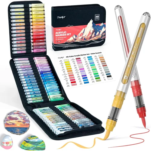 JusArt Marcadores de pintura acrílica de 48 colores con bolsa de lona, bolígrafos de pintura a base de agua que no se corren con control automático