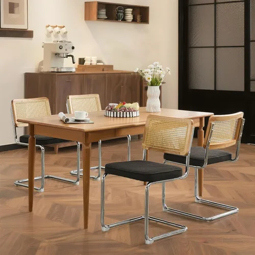 Miniatura 19 de Juego de 4 sillas de comedor de terciopelo tejidas a mano con respaldo de ratán y base cromada, silla de cocina de mediados de siglo, para comedor