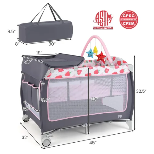 Miniatura 7 de BABY JOY 4 en 1 Pack and Play, corralito portátil para bebé con moisés, puerta lateral con cremallera, cambiador, centro de guardería de viaje