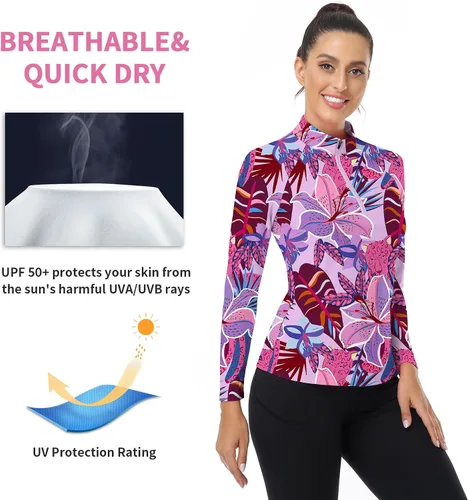 Miniatura 61 de WOWENY Camiseta deportiva de manga larga para mujer, con cremallera de un cuarto, cuello para entrenamiento, camiseta de tenis con estampado