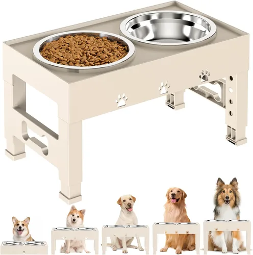 LAKIPETN Tazones elevados para perros con 2 cuencos de acero inoxidable, soporte elevado para comida para perros, 5 alturas ajustables (3.1
