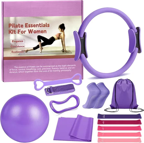 Juego de anillos de pilates de 13 piezas, kit de pilates para mujer, accesorios de equipo de ejercicio, deformación, círculo mágico con asas Púrpura