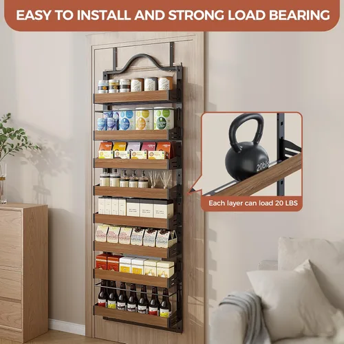 Miniatura 5 de Organizador de especias de 8 niveles para montar en la pared, organizador de despensa sobre la puerta resistente con cesta ajustable de madera