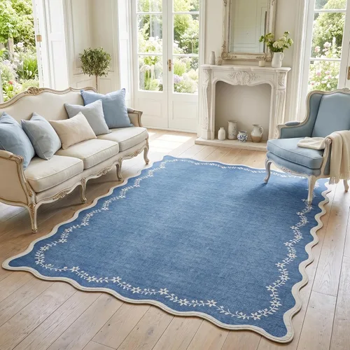 Miniatura 96 de GarveeHome Alfombra de entrada festoneada, 2 x 3, color azul sólido, lavable, alfombra floral para entrada interior, alfombra floral antideslizante