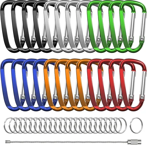 Miniatura 6 de 2.4 "24pcs pequeño mosquetón clip llavero, aluminio D anillo forma clips con llavero gancho