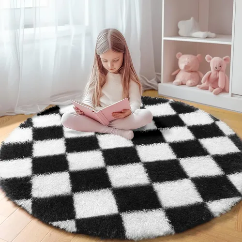 Miniatura 11 de KICMOR - Tapete a cuadros afelpado, peludo, mullido, color beige y blanco crema, pequeño, de 2 x 3 pies, para dormitorio, sala, junto a la cama