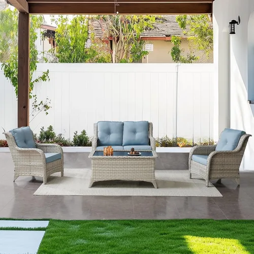 Miniatura 74 de Belord Juego de muebles de exterior, sillas de mimbre para patio, muebles de ratán de 3 piezas con mesa auxiliar, juegos de sillas bistró de patio