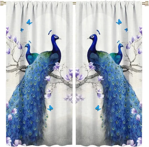 Miniatura 22 de Cortina opaca con estampado de pavo real, con estampado de animales retro, con bolsillo para cortinero y flores de peonía doradas, para dormitorio