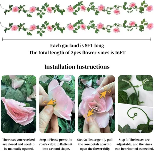Miniatura 3 de Guirnalda de vid de rosas falsas de 16 pies, plantas artificiales para colgar, hiedra rosa, hogar, hotel, oficina, boda, fiesta, decoración