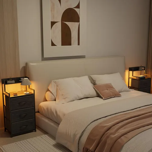 Miniatura 7 de Mesita de noche alta con luz y estación de carga, mesita de noche con 3 cajones de tela y estante de almacenamiento, mesitas de noche con puertos