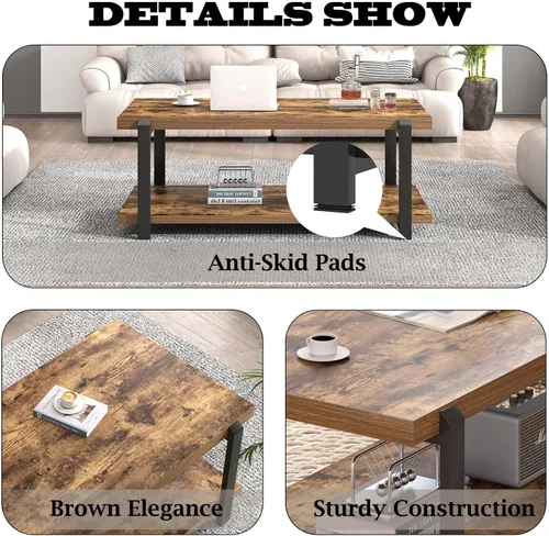 Miniatura 5 de FOLUBAN Mesa de centro moderna, mesa central de madera rústica con almacenamiento para sala de estar, rectangular industrial de 2 niveles, mesa
