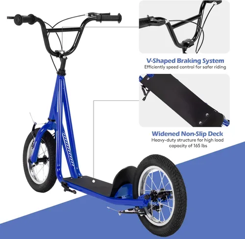 Miniatura 4 de Goplus Patinete juvenil con ruedas llenas de aire de 12 pulgadas, marco de acero al carbono, manubrio ajustable, frenos dobles delanteros y Azul
