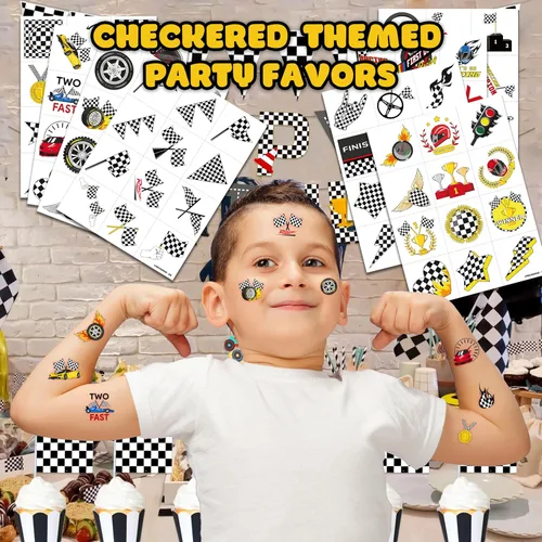 Miniatura 2 de 96 tatuajes temporales de bandera a cuadros para niños, recuerdos de fiesta de autos de carreras y decoraciones de cumpleaños, calcomanías falsas