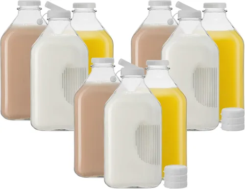 Miniatura 7 de JoyJolt Botellas de leche de vidrio con tapas y vertedor – 32 onzas, paquete de 3 botellas de vidrio reutilizables, herméticas, sin BPA, de grado